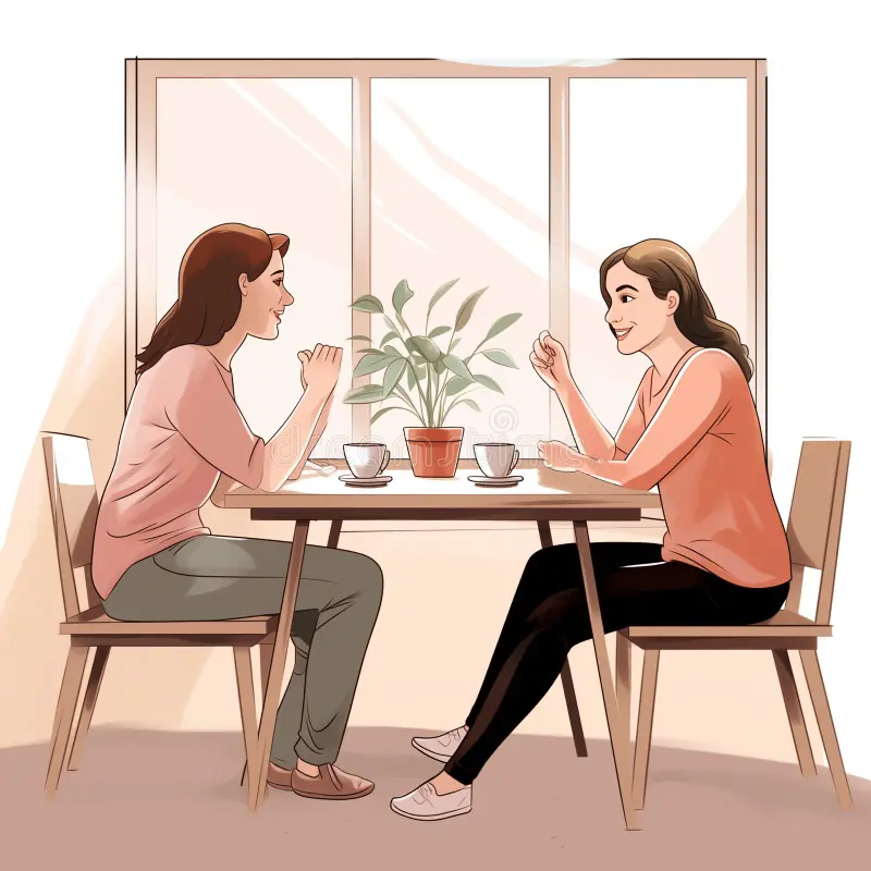 Two people talking comfortably over notes and cups of tea